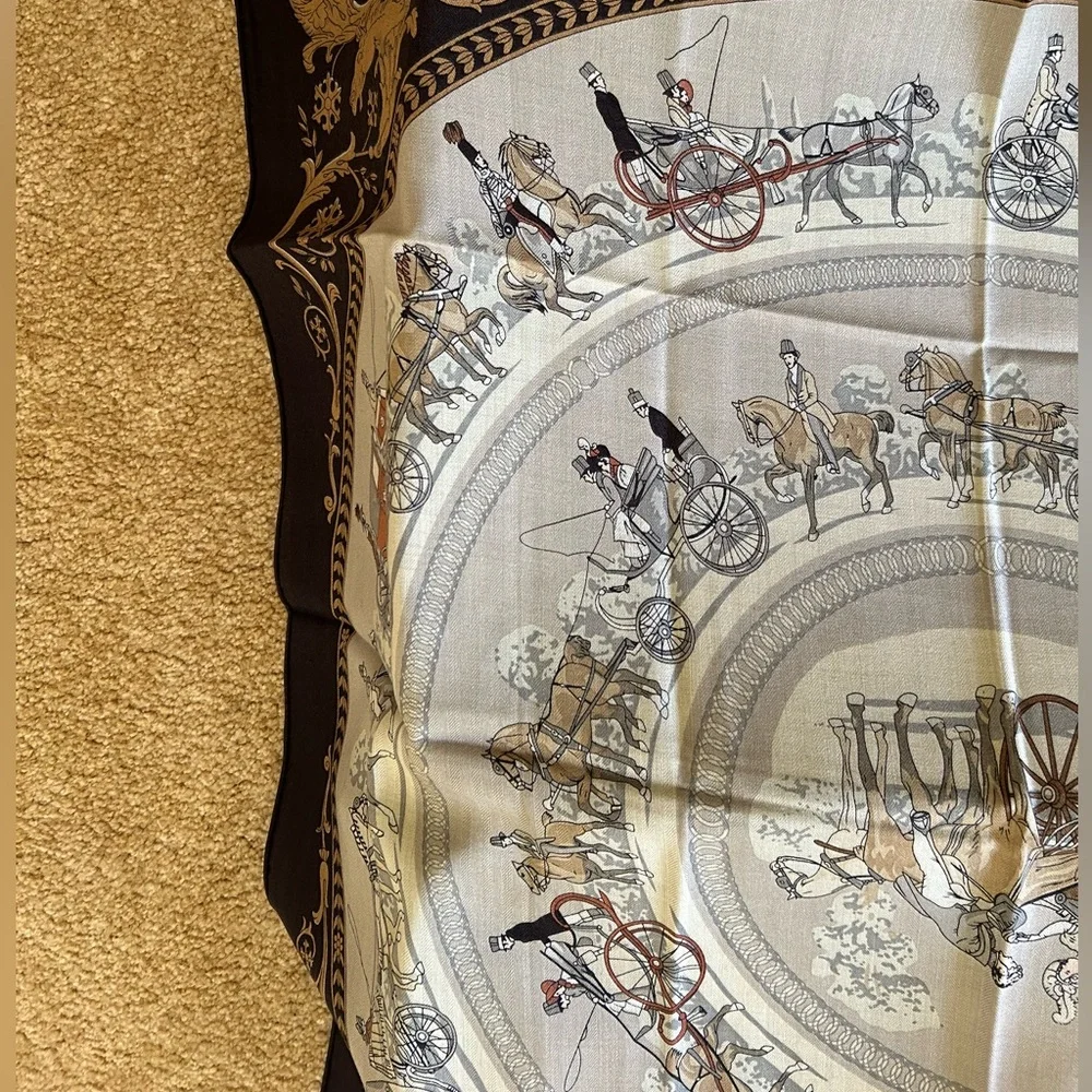 NWT Equestrian Horse Carriage Silk Wool Scarf 100x100cm Hermes Style